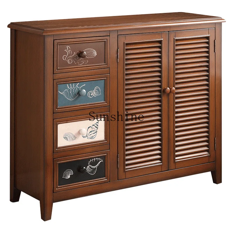 American solid wood door shoe cabinet balcony multi-functional locker