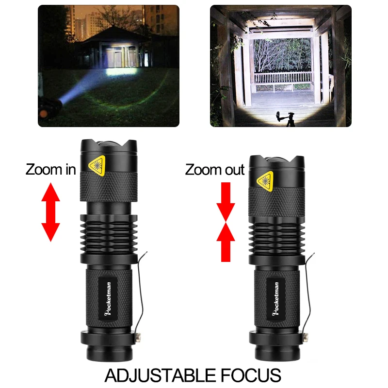 Potente linterna LED de bolsillo, Mini linterna de emergencia con zoom, pequeña linterna de aleación de aluminio