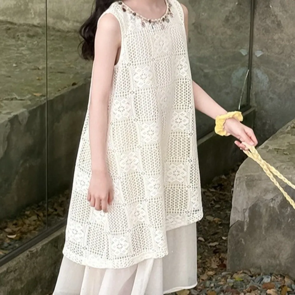 فستان بوهيمي برقبة دائرية للأطفال بدون أكمام للأميرة للأطفال تنورة طويلة للشاطئ فستان كاجوال فضفاض للفتيات مرقع