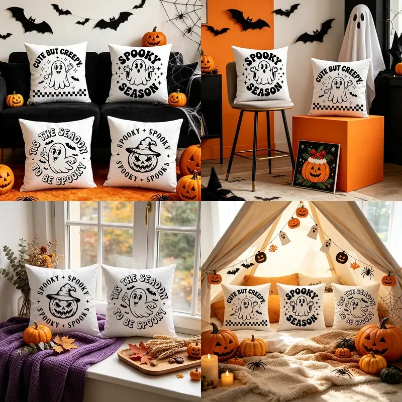 Cross-border Halloween pillow cover, letter ghost pumpkin print cushion, sofa decoration backrest atmosphere decoration