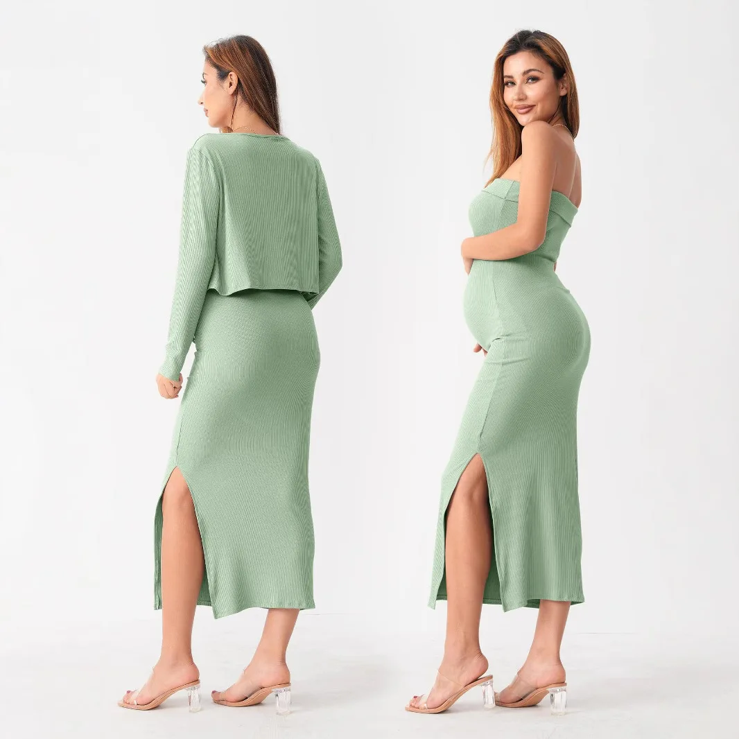 

2025 Maternity Outfit Summer Set - Europe & US Style Long-Sleeve Knit Cardigan & Fitted Tube Top Dress 2-Piece Pregnancy Wear