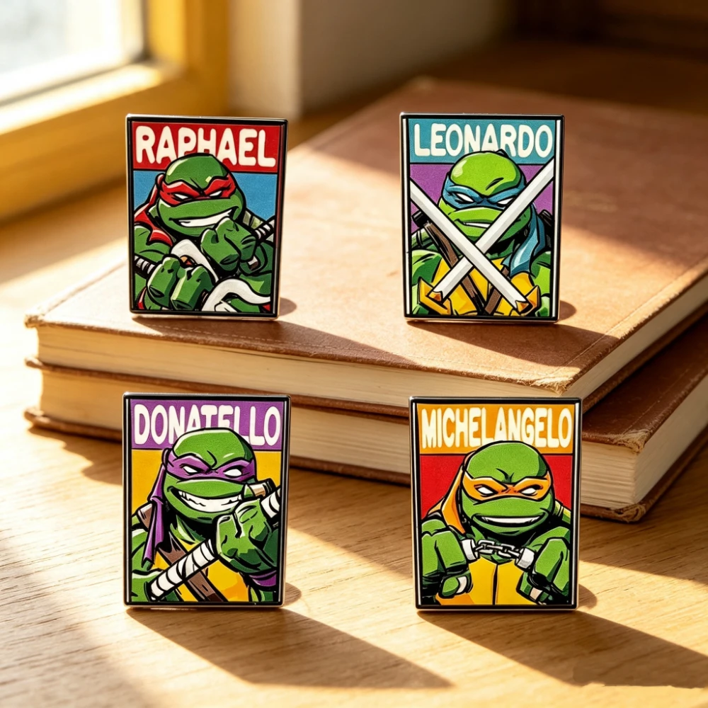 4Pcs Color Frame Ninja Turtle Brooch Set, Anime Hero Metal Lapel Pins, Badges for Clothes Bag, Creative Small Presents