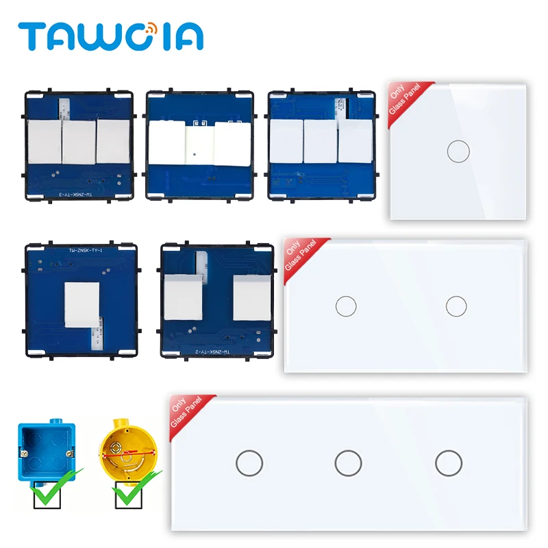 TAWOIA EU Touch Wall Light Switch With Backlight 1/2/3Gang 1/2/3Way Stair Switch DIY Free Combination Glass Panel Base Parts