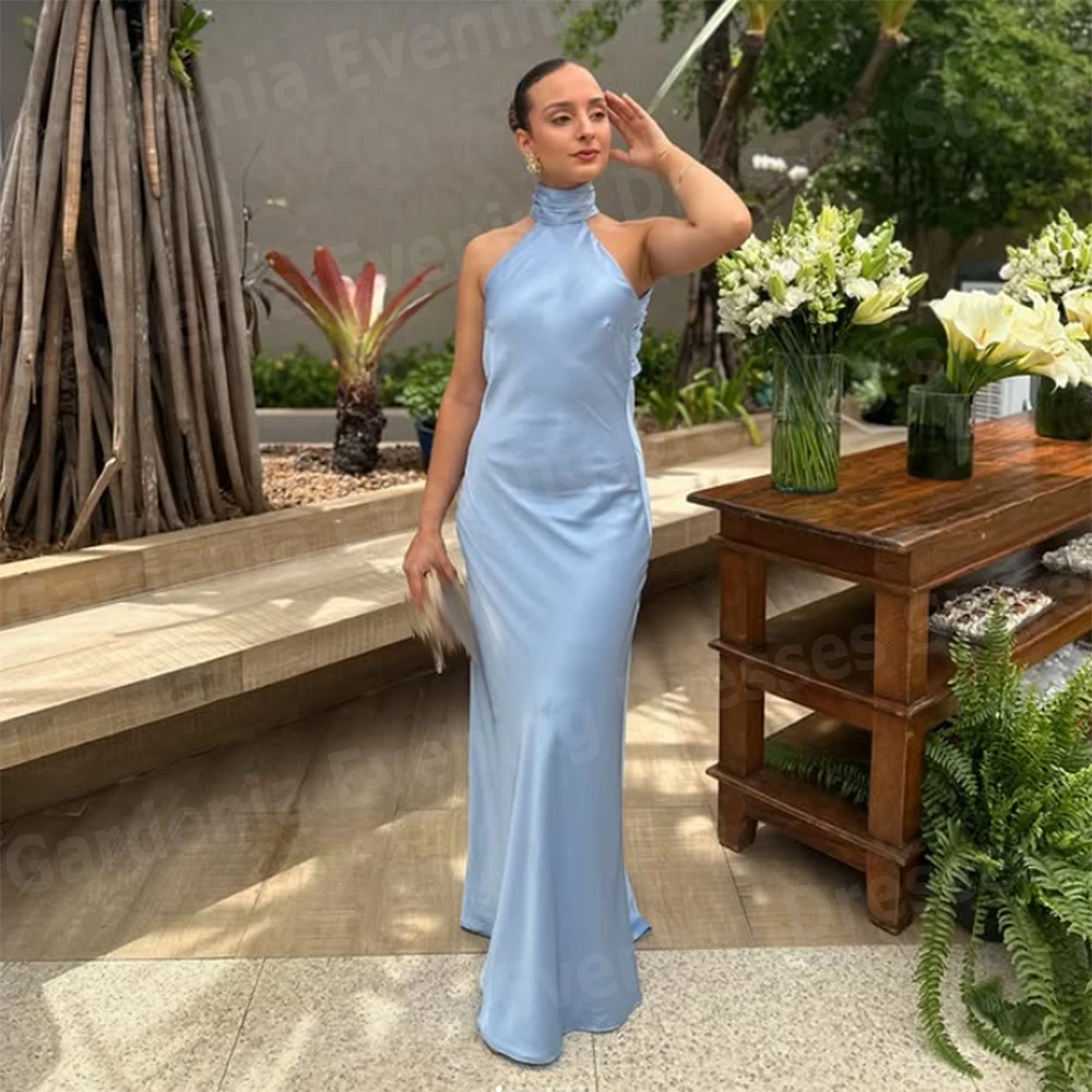 

Sexy Blue Mermaid Women's Evening Dresses High Neck Prom Gowns Customized Vestidos De Fiesta Satin Vestido De Gala Noche Mujer
