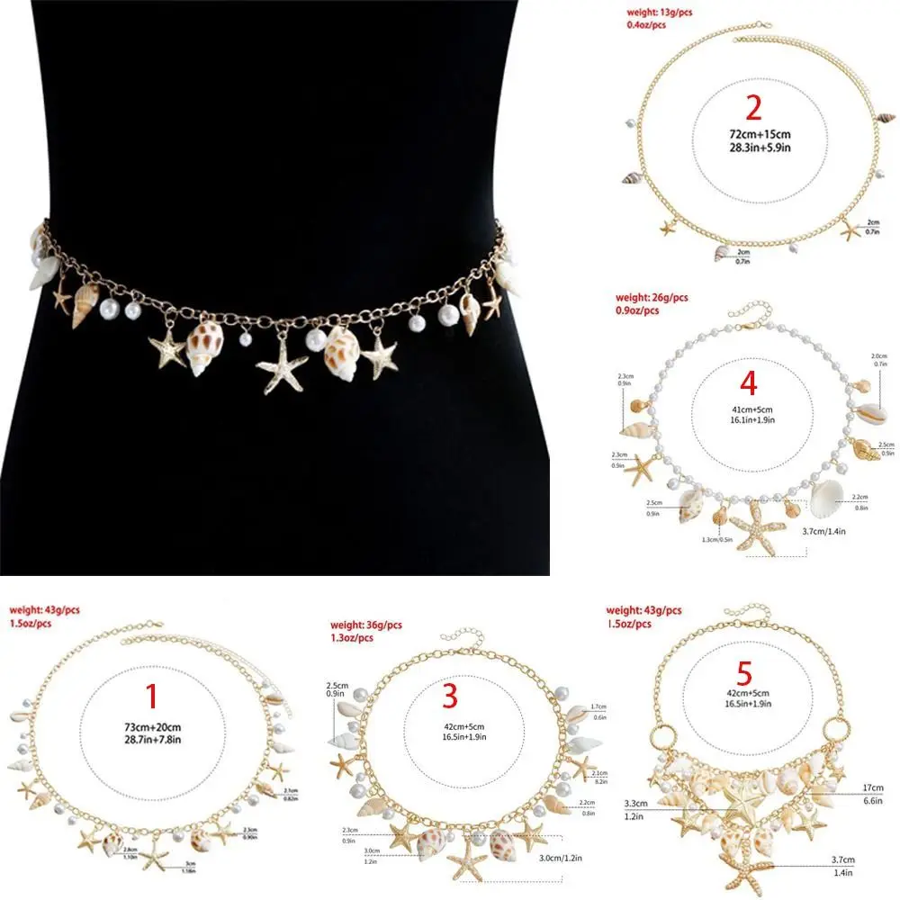 Fashion Bohemian Waist Chain Sea Star Imitation Pearl Body Chain Hollow Out Starfish Shell Pendant Jewelry Accessories for Women