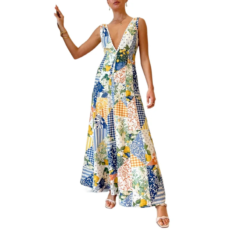Printed Sexy Deep V-neck Dresses Women Sleeveless Fashion Chic Lady A-line Dress Beach Vacation Style Vestidos Spring Summer New