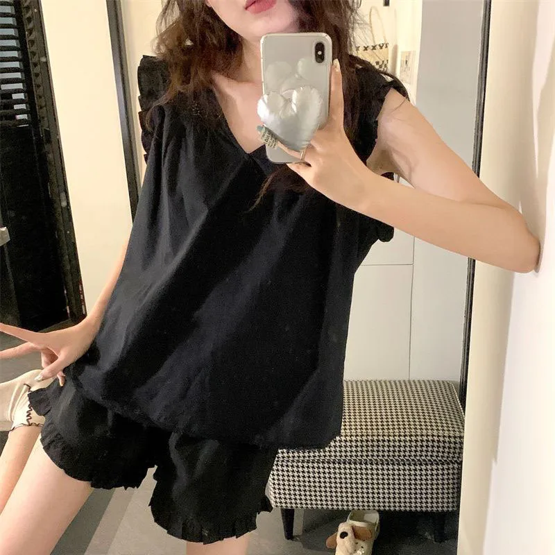 V-neck Sleepwear Women Pajama Sets Korean Piiama Sets 2 Pieces Summer Night Wears Solid Sleeveless Pyjamas Ruffle Home Suit 2024