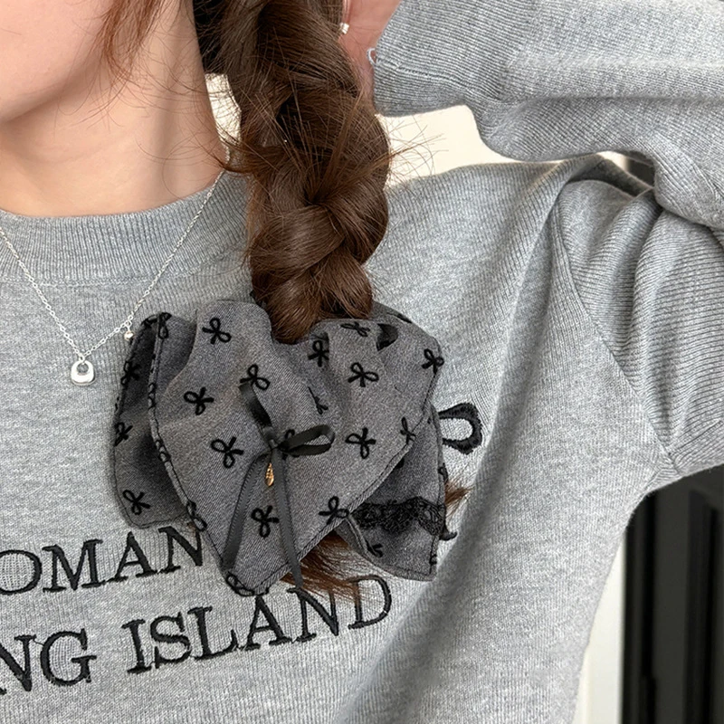 

Square Bow Knitting Large Scrunchies For Women Gentle Lace Pleated Headband Personality Gray Ponytail Holders Accessories