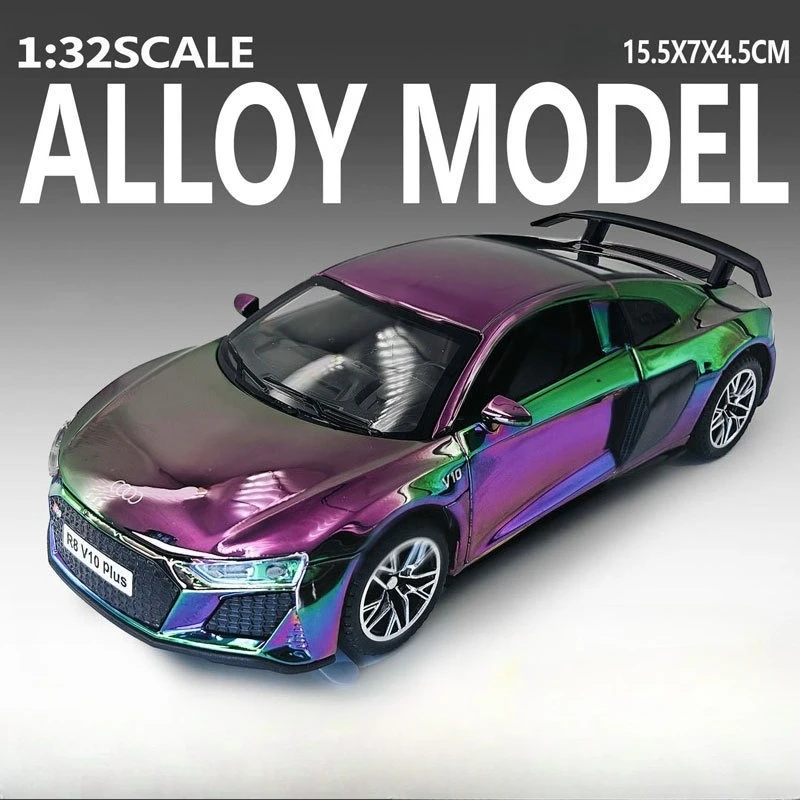 โมเดลรถสปอร์ต R8 ไดแคสต์ ขนาด 1:32 พร้อมเสียงและไฟ ของเล่นรถโลหะแบบดึงหลัง ของขวัญวันเกิดสำหรับเด็กผู้ชาย รถของเล่นเคลือบไฟฟ้า
