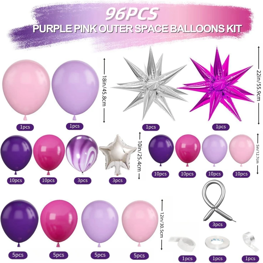 96 Pieces Set of Space Theme Balloon Arch Set Purple Pink Outer Dark Purple Hot Pink Pastel Purple Agate Latex Balloon DIY Planet, Suitable for Space Theme Birthday Party Decoration