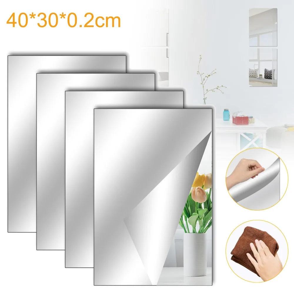 4 pezzi di piastrelle a specchio in acrilico autoadesive, 40x30 cm, ad alta trasparenza, senza cornice, con bordi levigati, specchio da parete fai-da-te per porta, soggiorno, camera da letto, bagno,