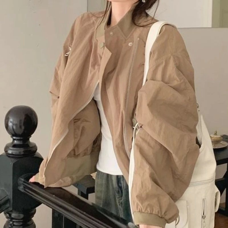 Neutral Design Sense Zipper Long Sleeve Panel Stand-up Collar Trench Coat Jacket Women's Loose Slimming Jacket Top