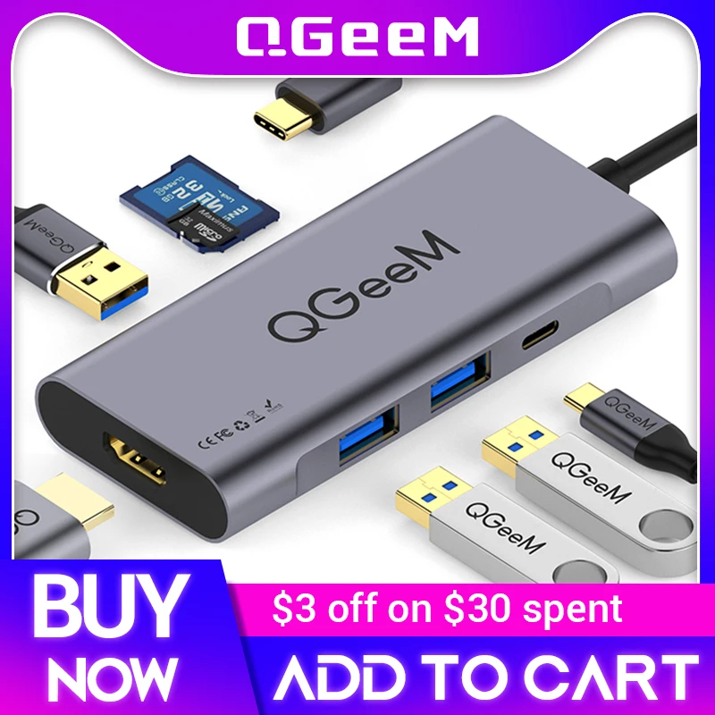 QGeeM 7in1 USB C Hub Huawei P20 Mate 20 Pro Type C USB Hub USB-C to 3.0Hub HDMI Card Reader Thunderbolt3 Adapter for MacBook Pro