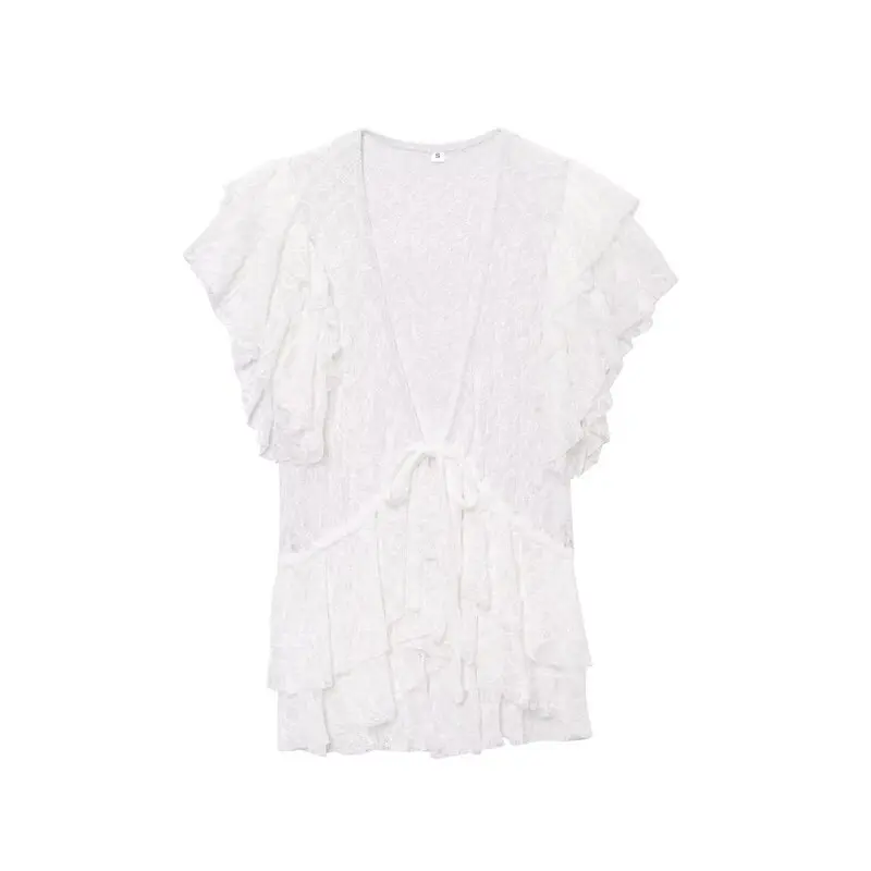 Spring 2025 Women's Faion  Knot Lace V-ne ort Sve Jaet Versatile Outerwear Ele Sle New Arrival