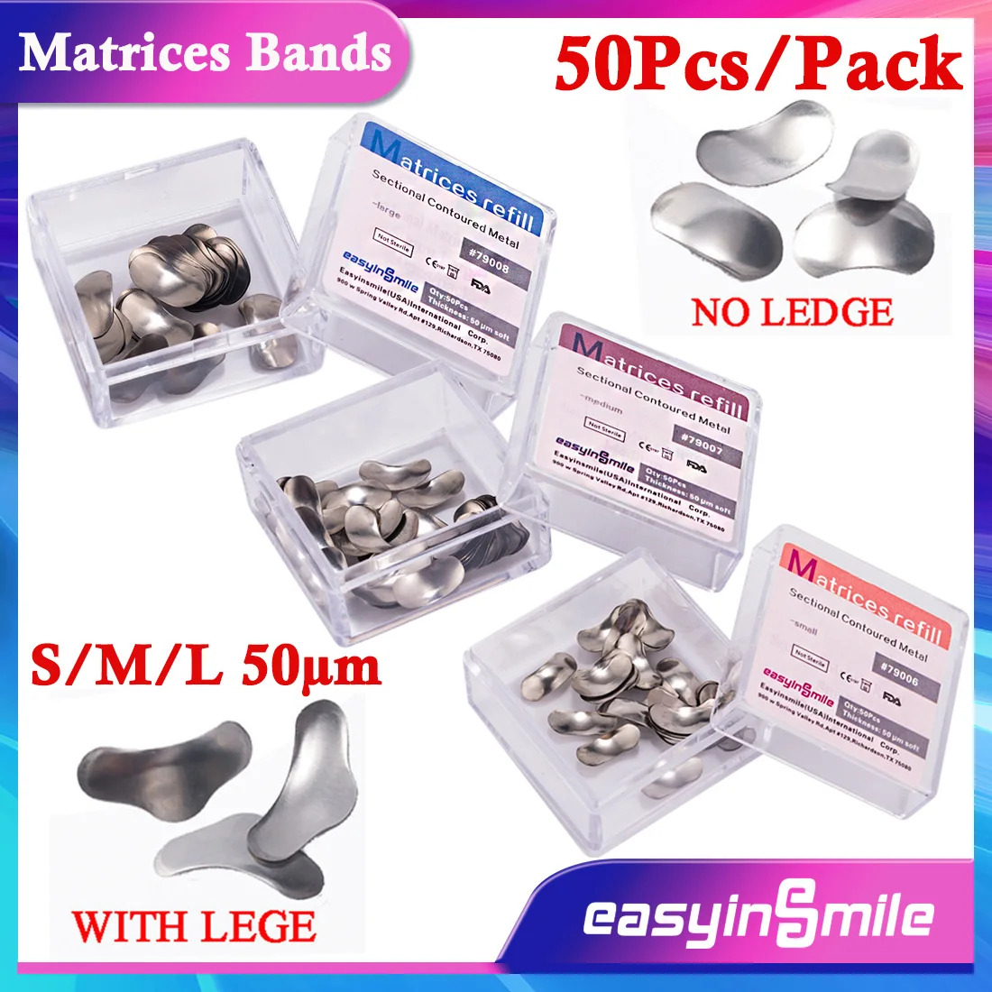 

50Pcs Dental Metal Matrices Bands Sectional Contoured Matrix Soft Refill S/M/L 50μm EASYINSMILE