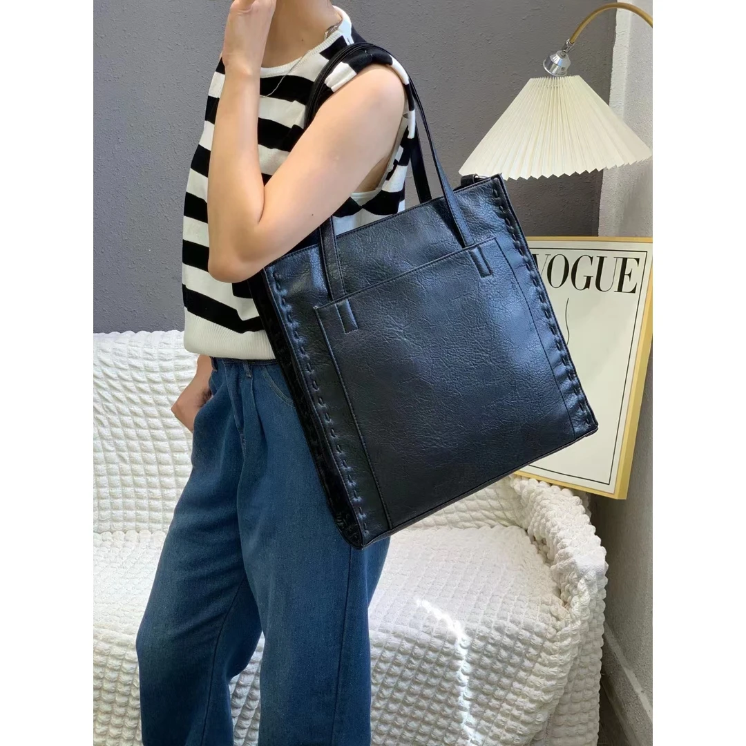 European And American Fashion New Top Layer Cowhide Single Shoulder Bag Square Large Capacity Pleated Edge Women's Bag Trendy