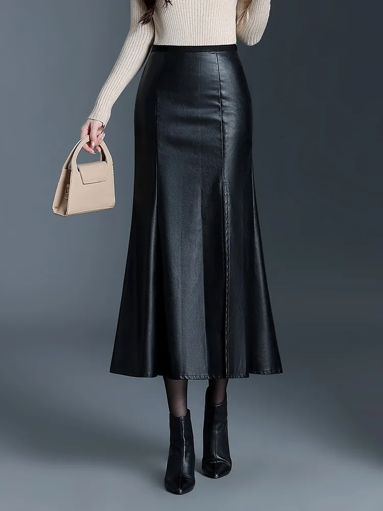 

ZUZK женская модная юбка-труба из искусственной кожи, осень-зима, длинная кружевная юбка с эластичной резинкой на талии, хип-юбка-русалка