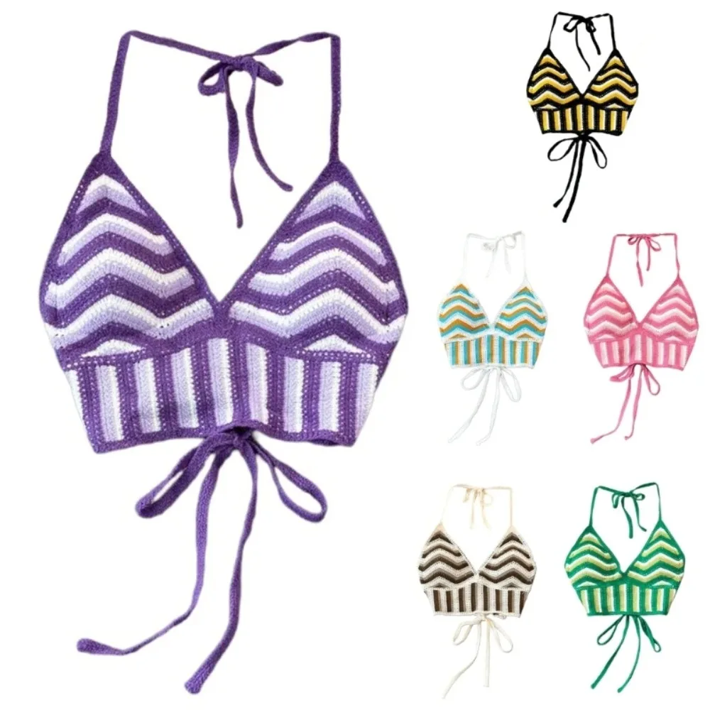 

Модный вязаный богемный вязаный крючком топ с открытой спиной в полоску, топ на бретельках в этническом стиле, сексуальный женский топ с лямкой на шее