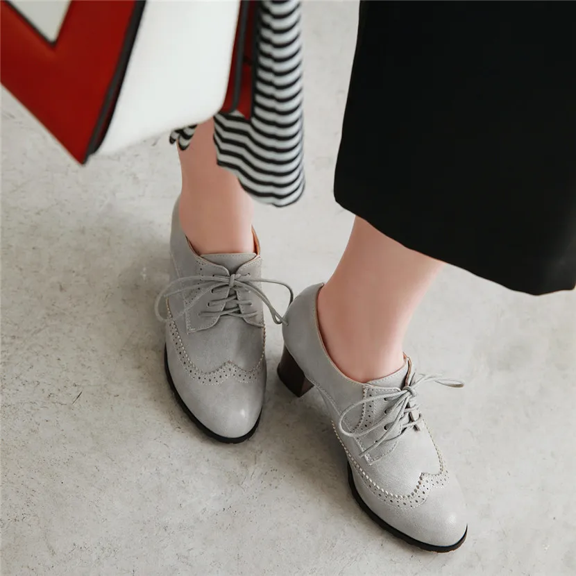 Casual Office Women Pumps High Chunky Heels Derbies Green Black Round Toe Brogues Lady Oxford Vintage Preppy Lace Up Dress Shoes