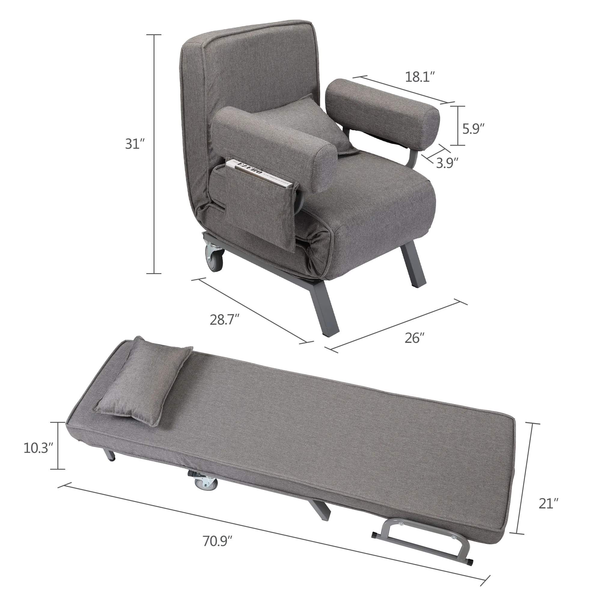 Lounge Chair Adjustable Folding Dual-Purpose Chair Sofa Bed Recliner Chair With Armrests - light gray with pillow