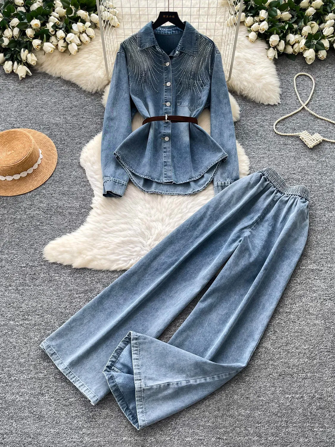 SuperAen Commute Denim Women Autumn New High-waisted Slim Loose-Fitting Wide Leg Pants Elegant Fashion Sequined Tops Sets