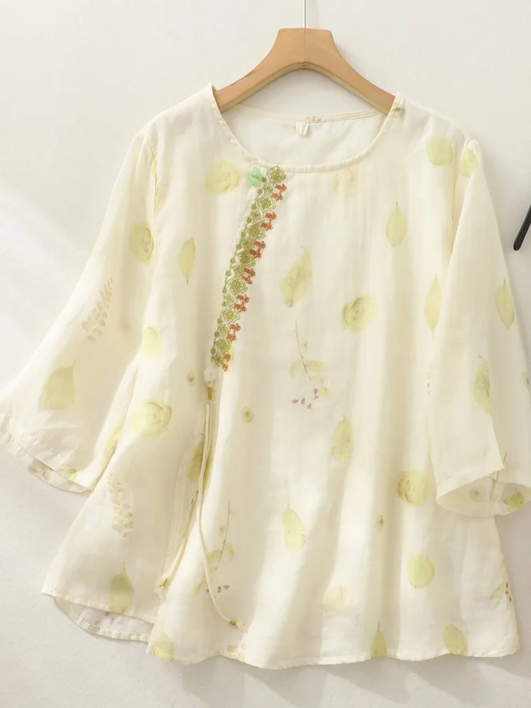 T-shirt ampia vestibilità ampia in lino di cotone ricamato retrò da donna Estate comoda stampa anti-età Top artistico sopra la testa