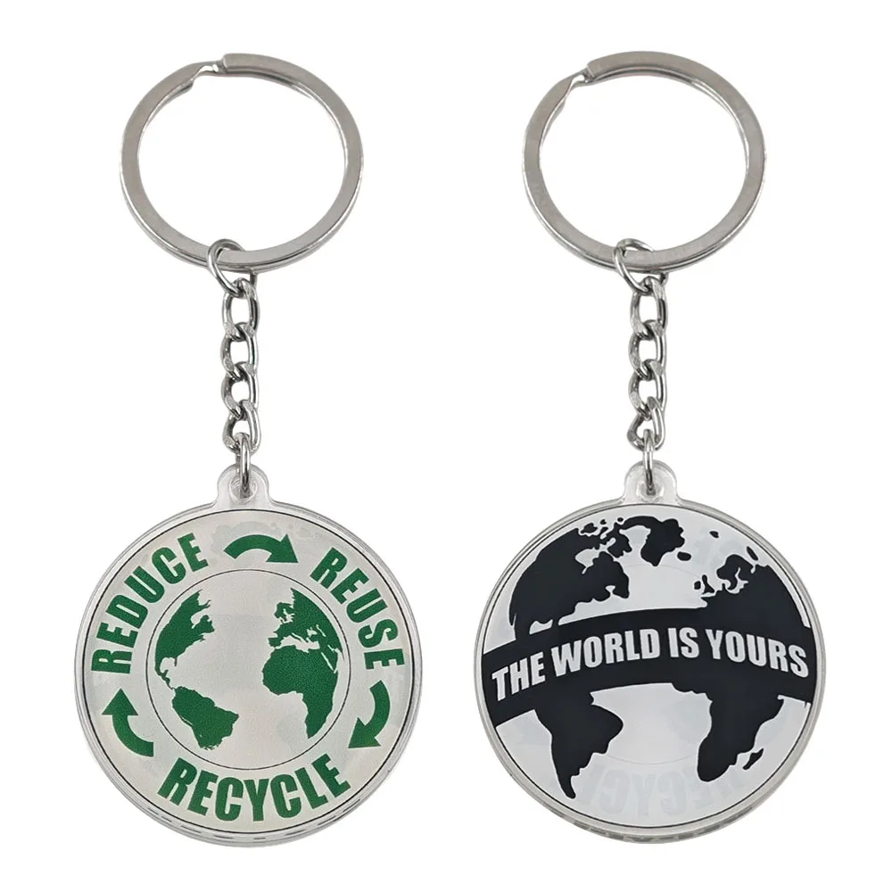 Reduce Reuse Recycle Acrylic Keychain The World Is Yours Key Ring Double Sided Eco Friendly Earth Day Pendant Care Activist Gift