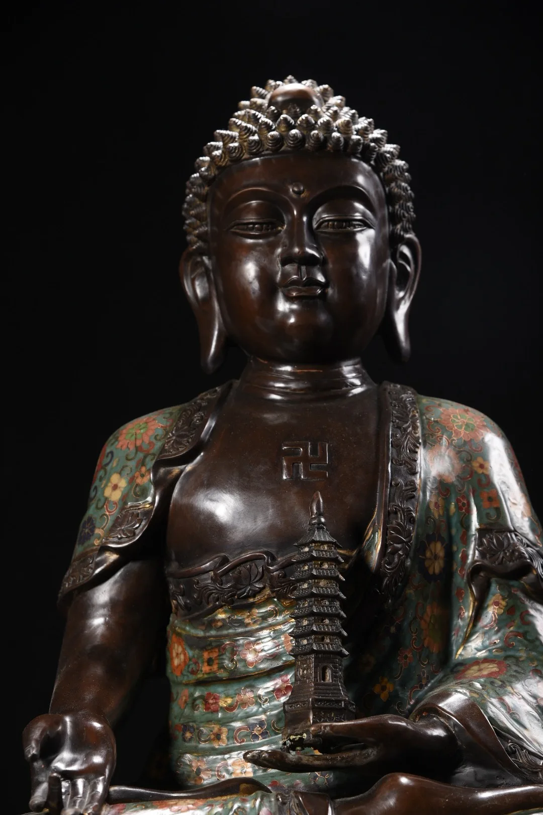 

22"Xizang Folk Collection Old Bronze Cloisonne Enamel Parinirvana Lotus Shakyamuni Buddha Pagoda Sitting Buddha Worship Hall