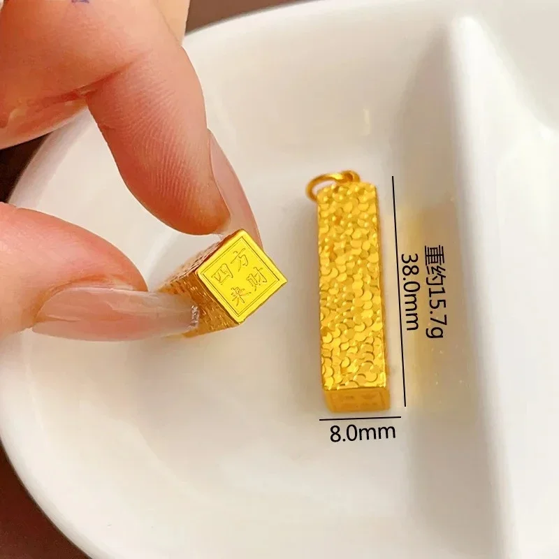 18 Gold Plated Copper Crushed Ice Ice Square Wealth Pendant Necklace Solid Crushed Gold Square Brick Pendant Vintage Female Gift