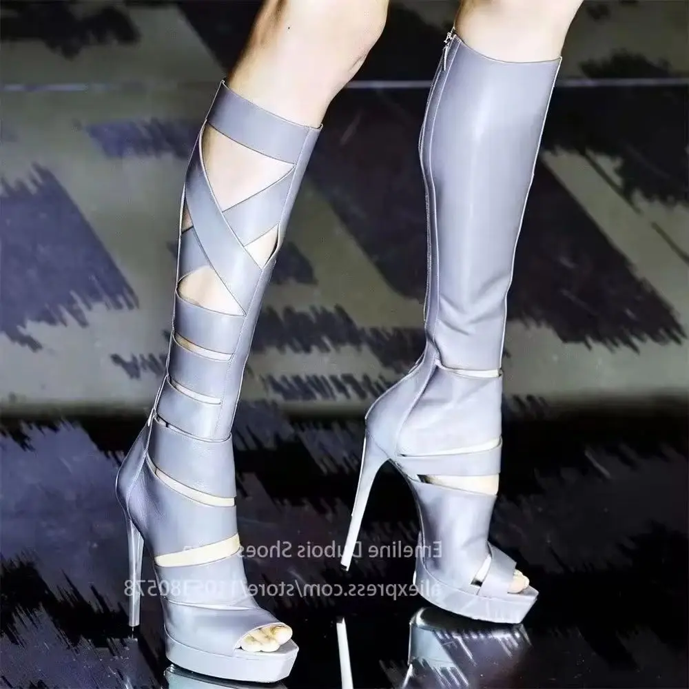 Cut out Strappy Platform High Heel Boots Sandals Open Peep Toe Stiletto Heel Sexy Women Summer Boots for Party Club Plus Size