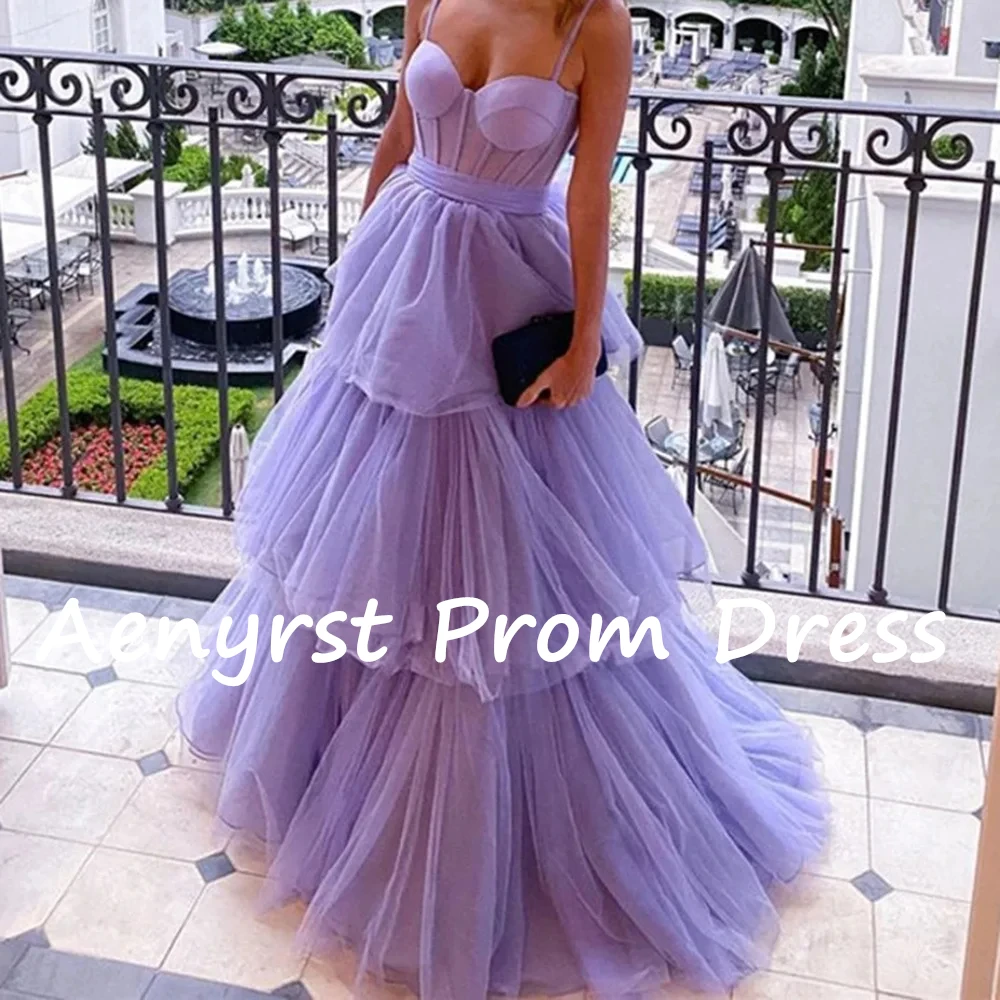 Aenyrst viola Spaghetti Strap Tulle abiti da ballo Sweetheart A Line abiti da sera A strati 2024 lunghezza del pavimento vestito da festa di compleanno