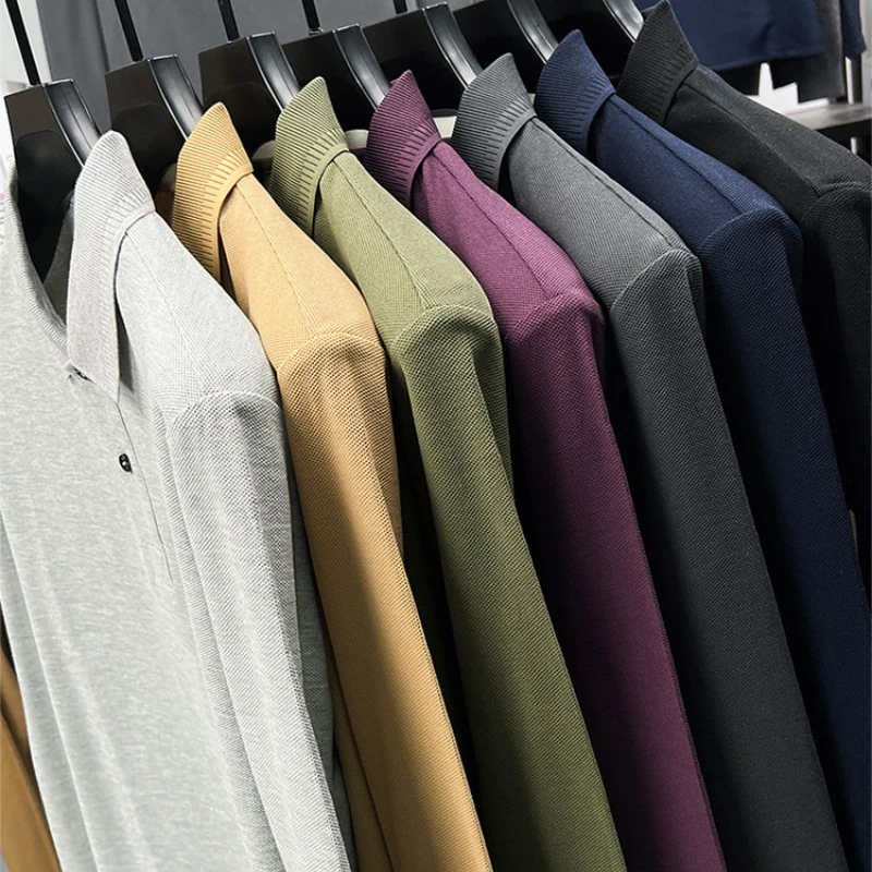 100% Cotton Men's Computer Collar Polo Shirt - Military Green Spring Autumn New Arrival | Ribbed Cuff & Color-Changing Placket