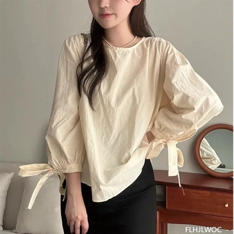 Fliege Tops Blusen süße süße Mädchen Frau Herbst Frühling All-Match-Kleidung Retro Vintage Preppy Japan Stil Baumwollmischungen Top