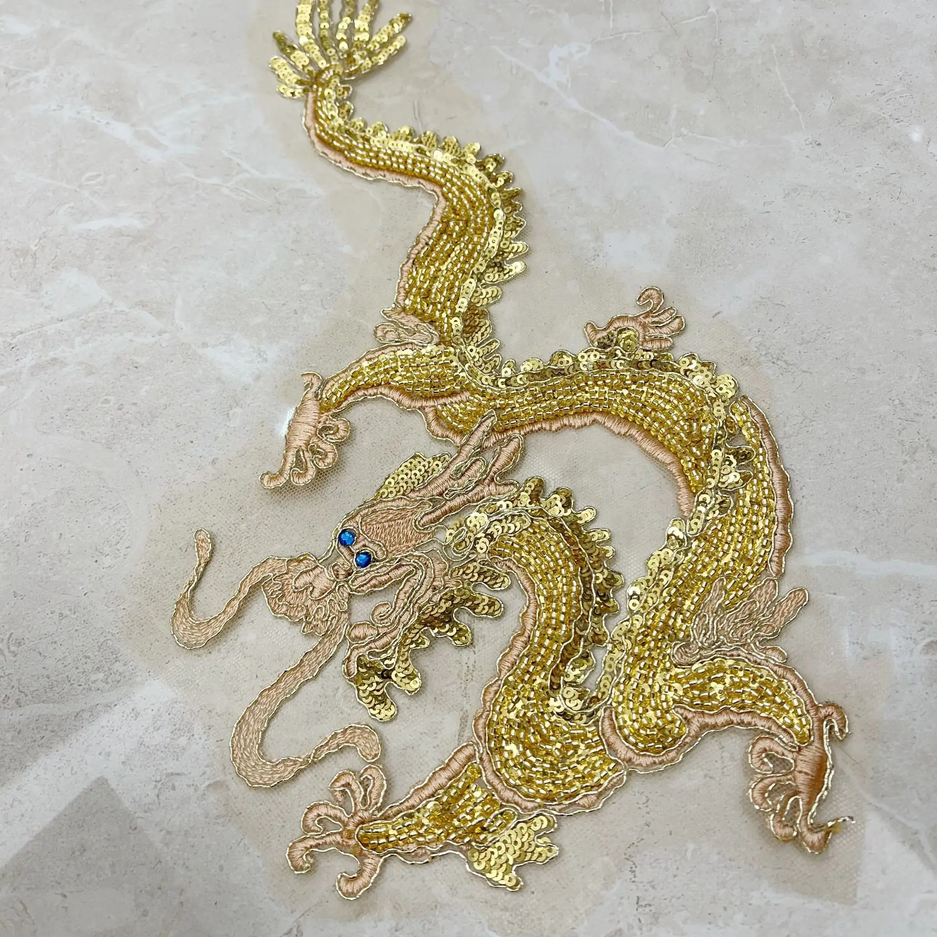 Beaded  Gold Dragon Applique Sequin Embroidery Patch Chinese Applique  Patches For Clothing