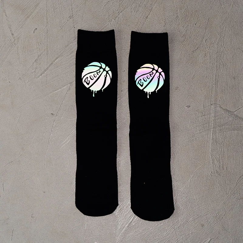 Reflective socks thin mid-tube socks high tube sweat-absorbent combed cotton basketball sports socks