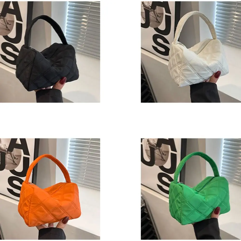 Fashion Polyester Nylon Quilted Tote Bag Black White Orange Green Lightweight Plaid Handbags Warm Down Cotton Padded Women