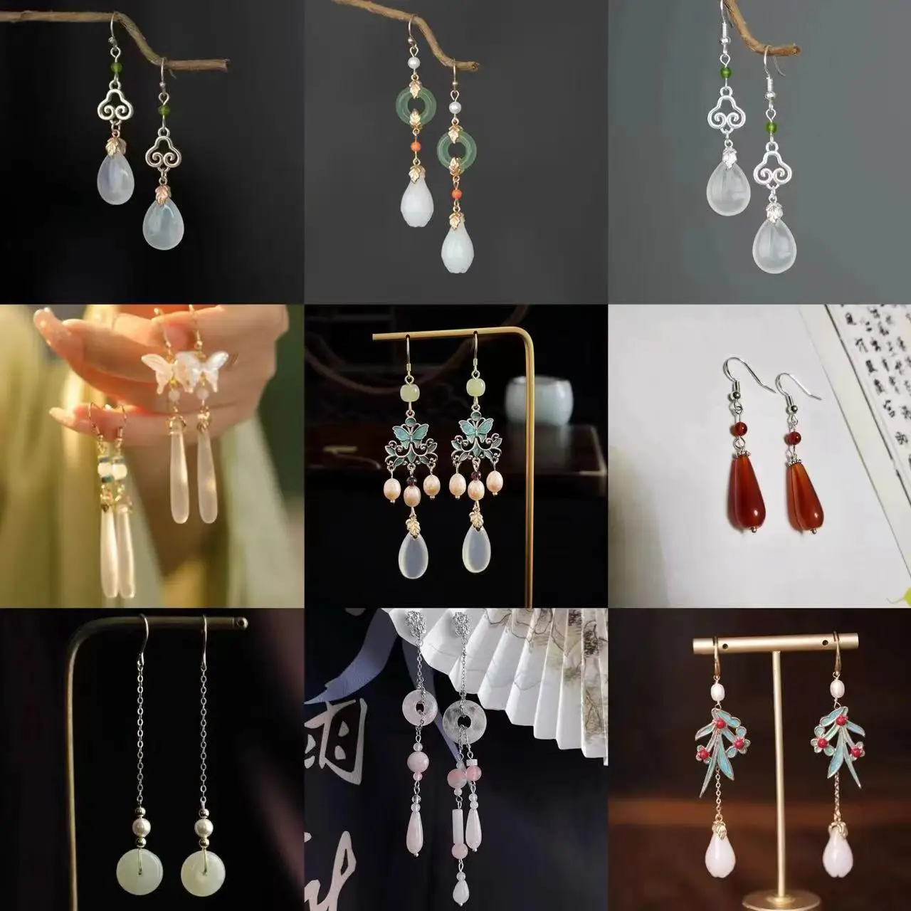 Vintage Design Jade Pendant Earrings for Women Ancient Palace Style Luxury Jewelry Water Drop Butterfly Shaped Ear Clip Earring
