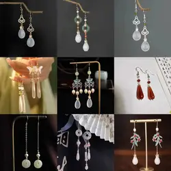 Vintage Design Jade Pendant Earrings for Women Ancient Palace Style Luxury Jewelry Water Drop Butterfly Shaped Ear Clip Earring