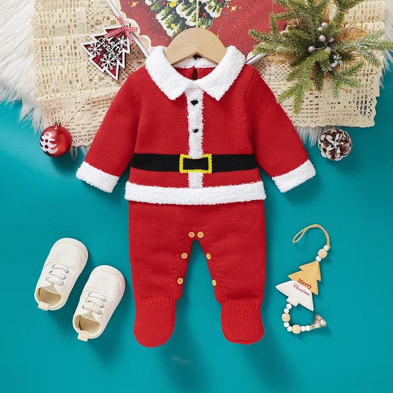 

Christmas Baby Romper Knit Infant Girls Boys Jumpsuit Long Sleeve Foot Wrap Newborn Xmas Clothes 0-9M Fashion Santa Claus Outfit