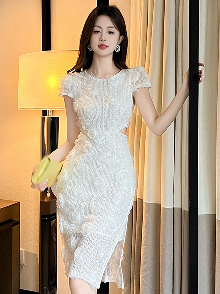 Socialite Elegant Party Dress ผู้หญิงหวานเซ็กซี่เก๋ดอกไม้ Hollow ตัด Midi Robe Femme วันเกิดจัดเลี้ยง Vestidos วันหยุด