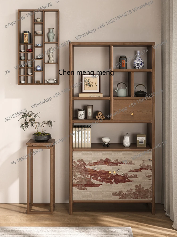 

Bogu frame solid wood new Chinese tea cabinet shelf tea set shelf tea room integrated against the wall