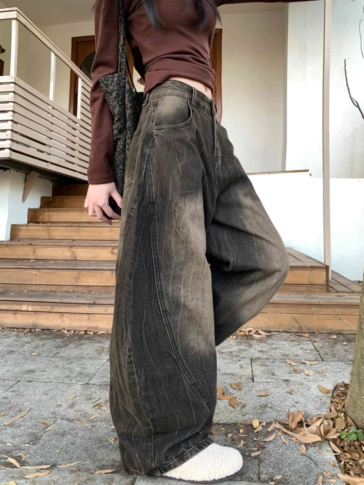 2025 Cyber Y2K Streetwear Pantaloni jeans da donna neri vintage invecchiati per abbigliamento donna Pantaloni lunghi in cotone Harajuku a gamba larga