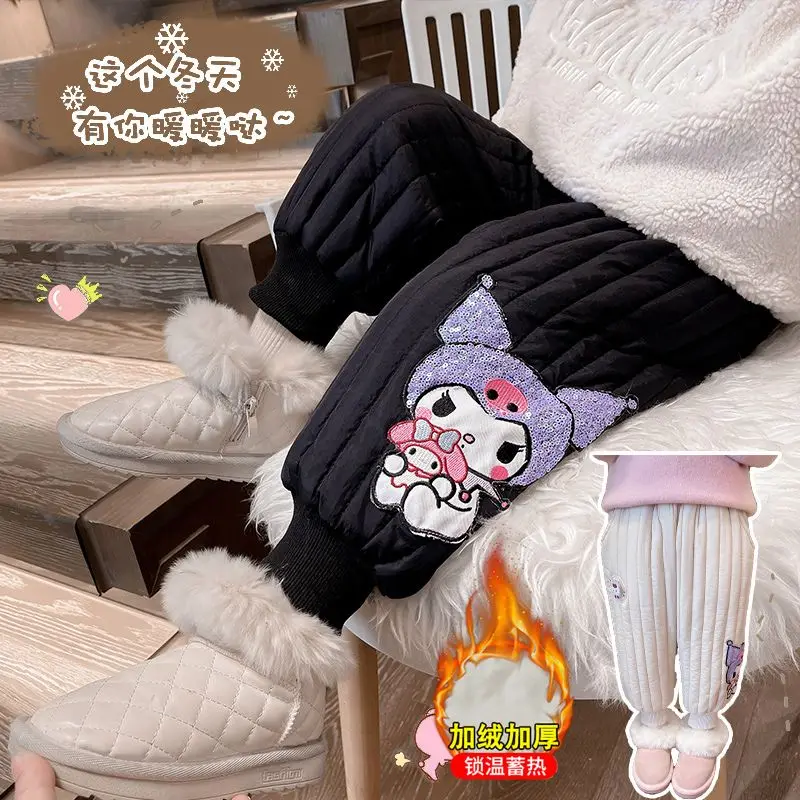 Sanrio pantalones de algodón para niña, pantalones gruesos de terciopelo para invierno, pantalones para mantener el calor, Kuromi My Melody, moda de dibujos animados Kawaii, nuevos pantalones casuales