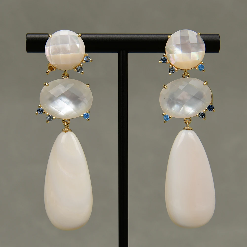 GG Natural White Sea Shell Pearl Blue CZ Stud Earrings Dangle Earring Handmade Earring For Women