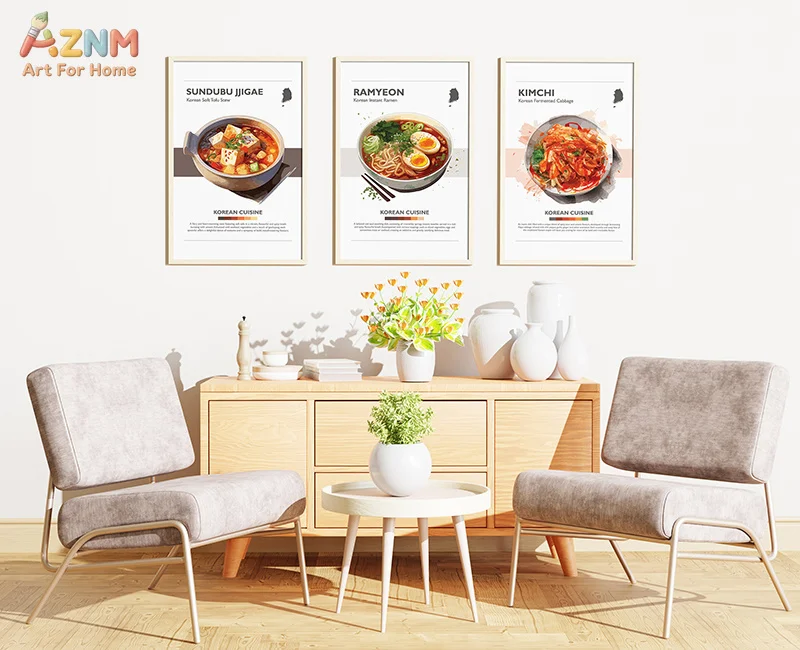 AZNM Frameless Canvas Poster Korean Food Print, Bibimbap Ramyeon Kimchi Stew BBQ Illustration Wall Art Picture for Restaurant Ki - view 4