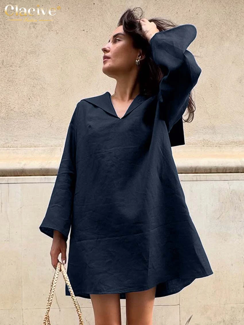

Clacive Fashion Loose Dark Blue Cotton Women Dress 2025 Casual Lapel Long Sleeve Mini Dresses Elegant Classic Solid Female Dress