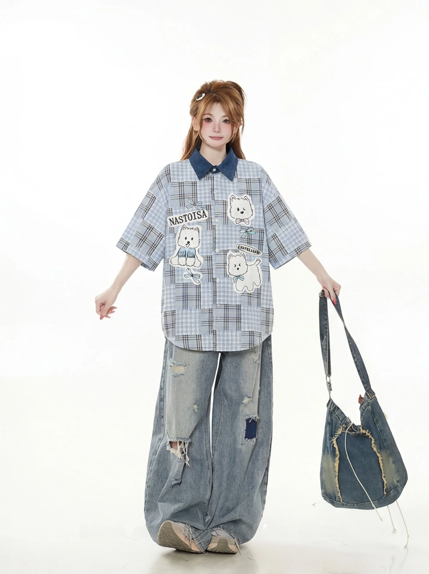 

Cute Cartoon Dog Embroidery Summer Casual Shirt Women's Loose Fit Short Sleeve Plaid Cotton Polyester Blend Breathable Shirt