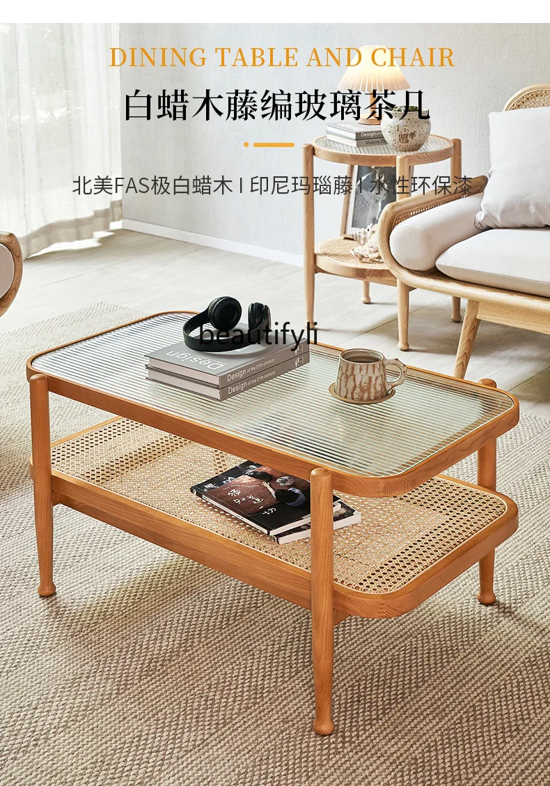 Wabi-Sabi Style Solid Wood Rattan Tea Table White Ash Double-Layer Tea Table for Home Living Room Glass Small Tea Table