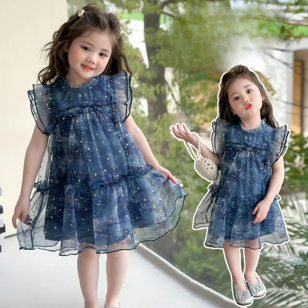 Summer New Dreamy Blue Fairy Girl with Lace Flying Sleeves Mesh Sequin Princess Dress Elegant Children's Clothes
