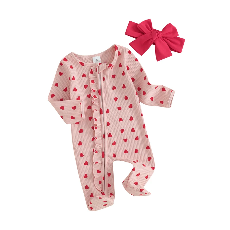 

Newborn Infant Girls Valentine s Day Jumpsuit with Headband Long Sleeve Ruffled Heart Print Romper